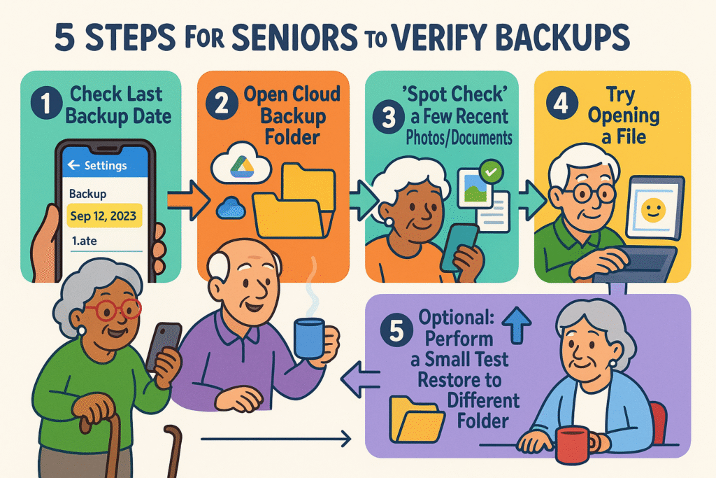 An infographic with three panels. Panel 1 shows a phone with a settings icon, labeled 'Check Last Backup Date'. Panel 2 shows a cloud icon with a magnifying glass, labeled 'Spot-Check Your Files'. Panel 3 shows a file being copied from a backup to a new folder, labeled 'Try a Mock Restore'.