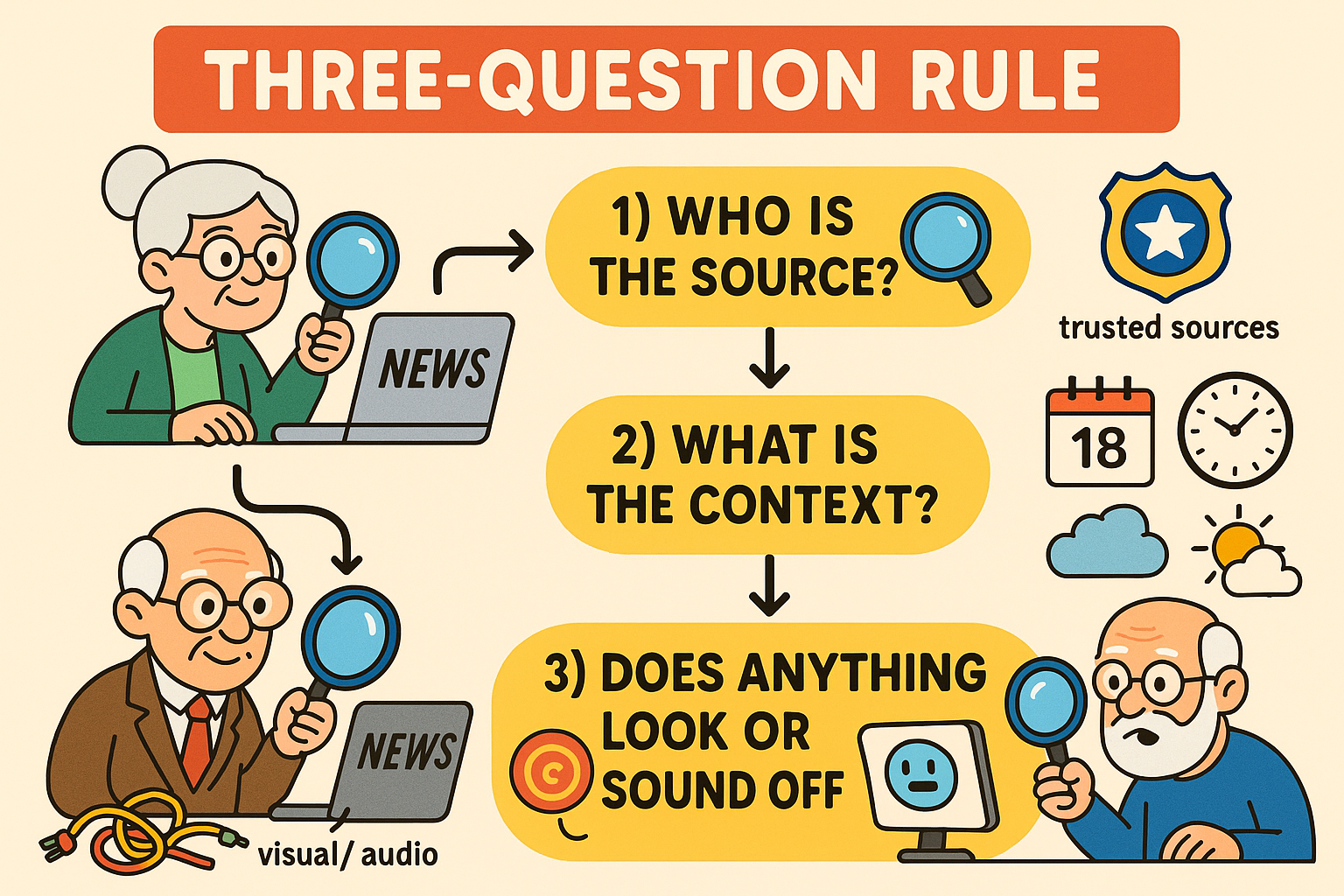 Follow this simple, friendly checklist to become a news detective — trust your gut, then ask who shared it, what’s happening, and if anything seems off.