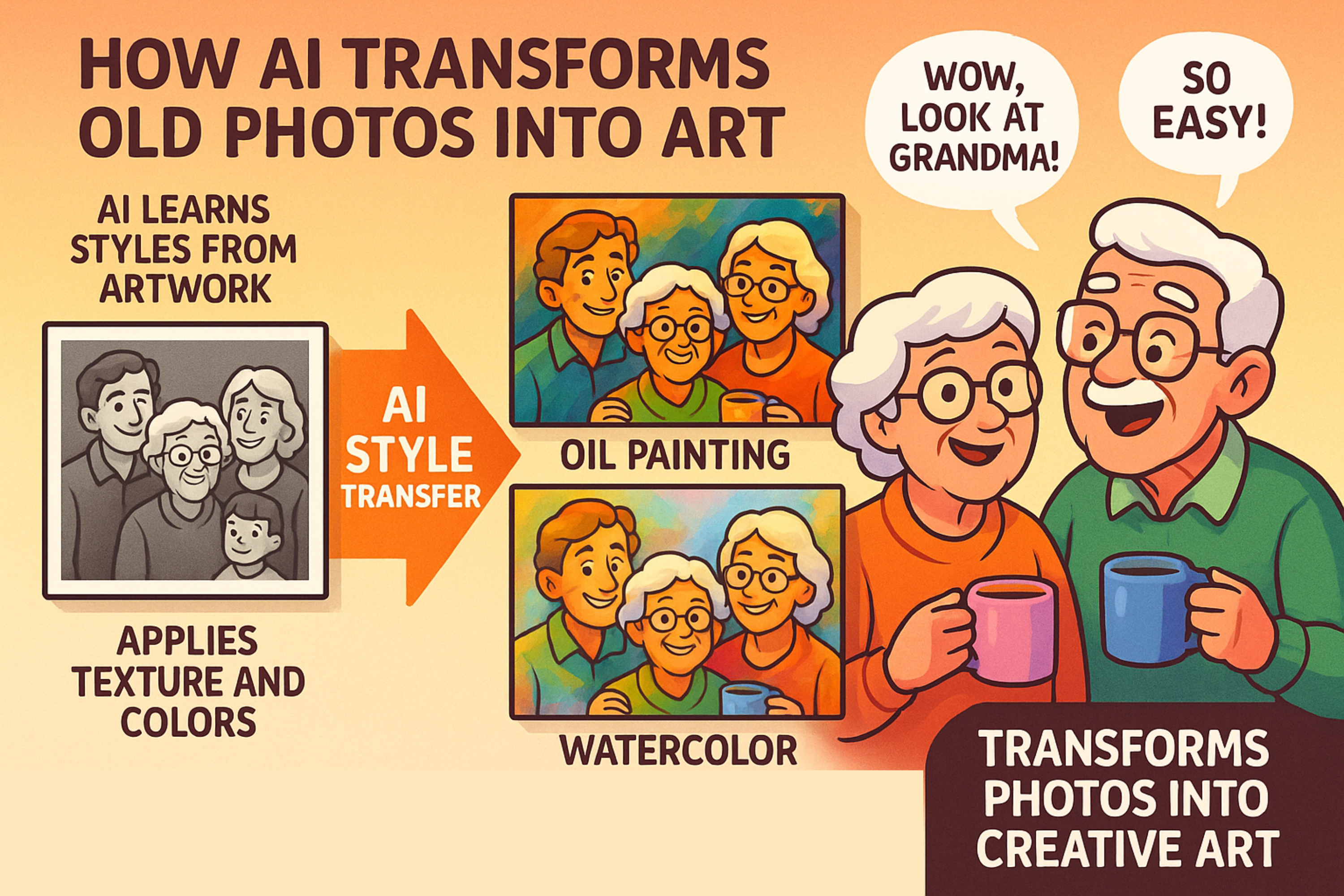 An infographic explaining with simple icons how an old physical photo is scanned, uploaded to an AI tool, and then transformed into different artistic styles like an oil painting or a cartoon.