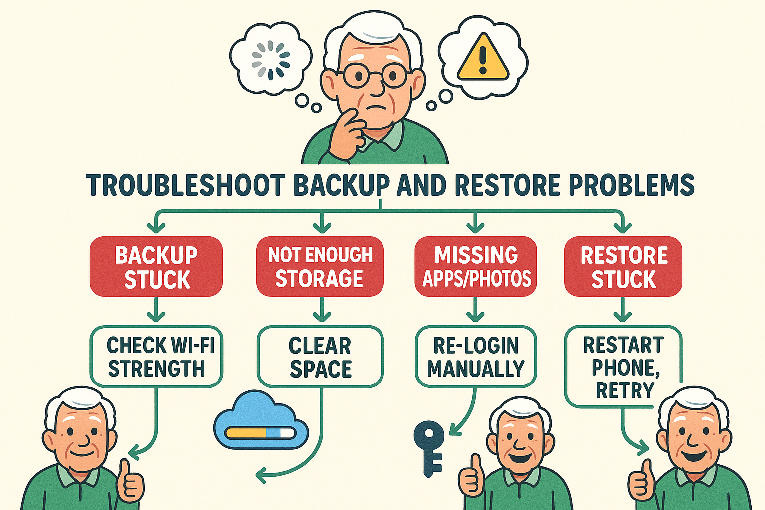 Uh-oh! Run into trouble? This simple flowchart guides you through quick fixes to common phone backup and restore problems.