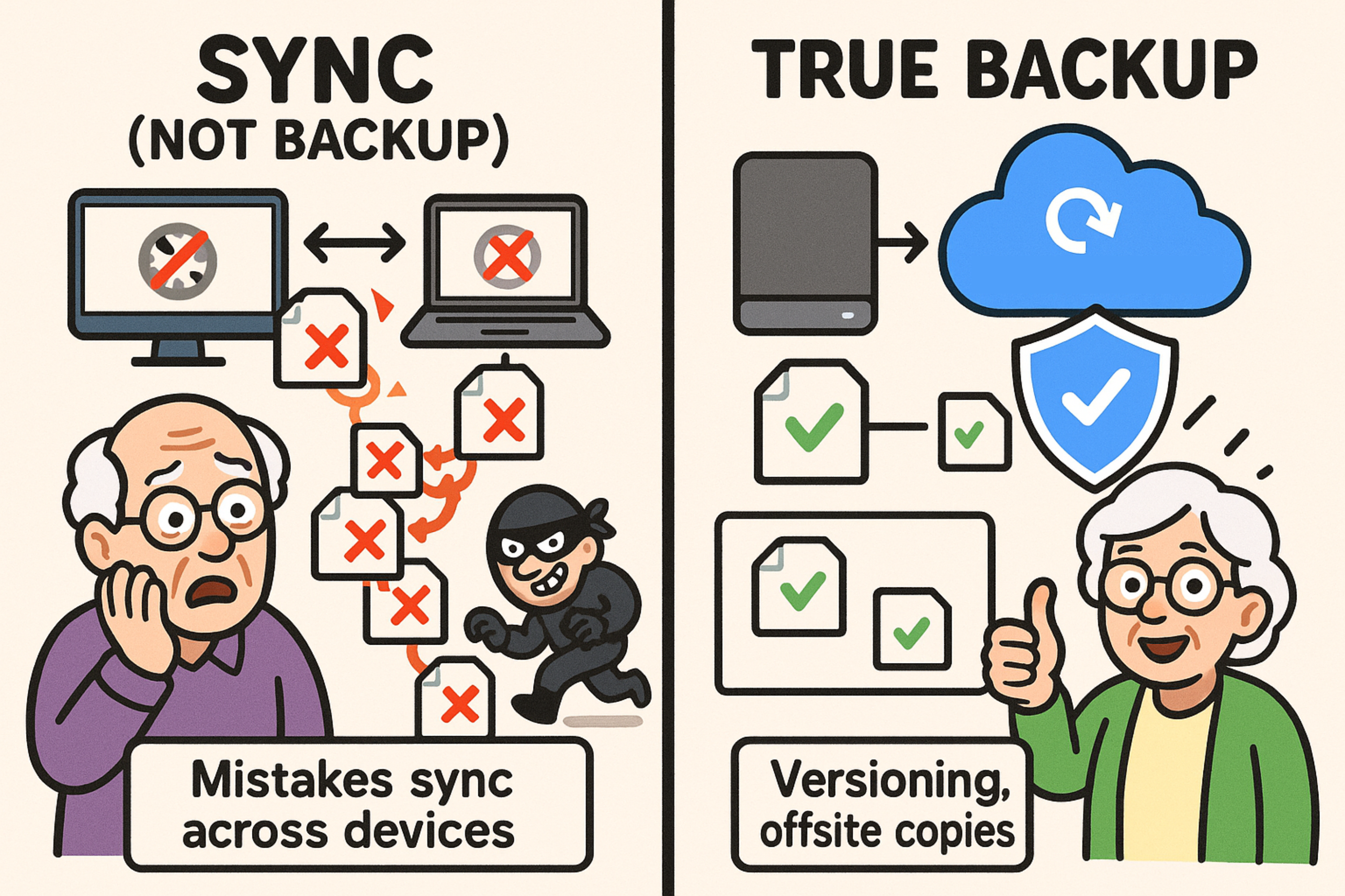 A graphic comparing a "Sync" system where a corrupted file spreads to all devices, versus a "Backup" system where the corrupted file is isolated and a clean version can be restored.