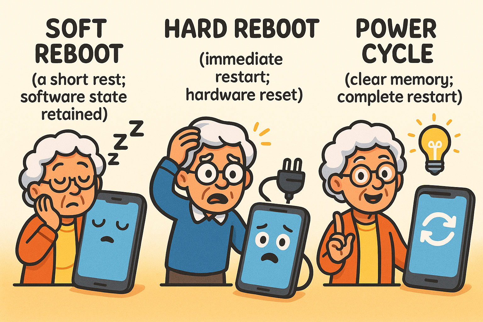 An infographic explaining the differences between a Soft Reboot, Hard Reboot, and Power Cycle. Soft Reboot is labeled 'Gentle Restart,' showing a phone with a restart icon and text about preserving data. Hard Reboot is 'Emergency Shutdown,' showing a phone going dark with a warning sign about data risk. Power Cycle is 'Fresh Start,' showing a computer being unplugged, illustrating a full hardware memory clear.