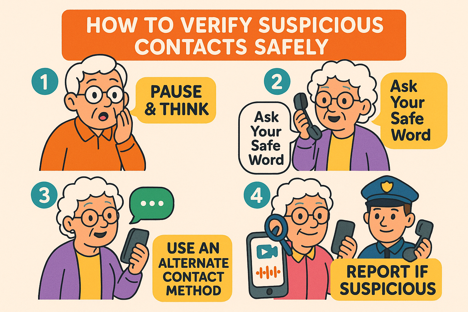 An infographic with three simple steps for verifying a contact. Step 1 shows a person looking skeptically at their phone with the text 'Pause & Breathe.' Step 2 shows them hanging up the phone with the text 'Hang Up & Call Back on a Known Number.' Step 3 shows two people talking with a speech bubble containing a secret question, with the text 'Ask Your Safe Question.' The overall tone is friendly and reassuring.