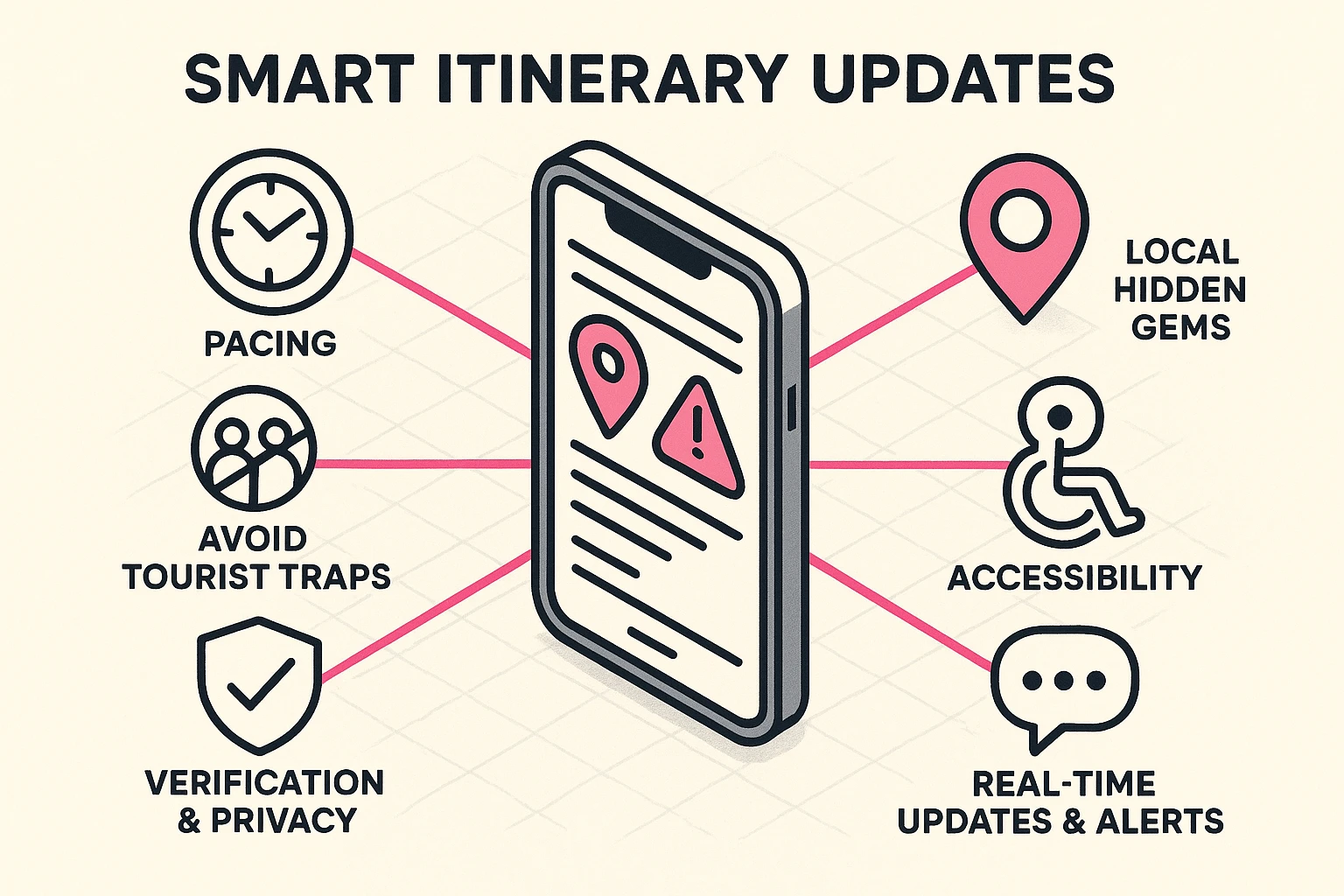 This image demonstrates advanced AI features for real-time itinerary adaptation, highlighting senior needs like accessibility and local gem discovery while steering clear of overcrowded tourist spots.