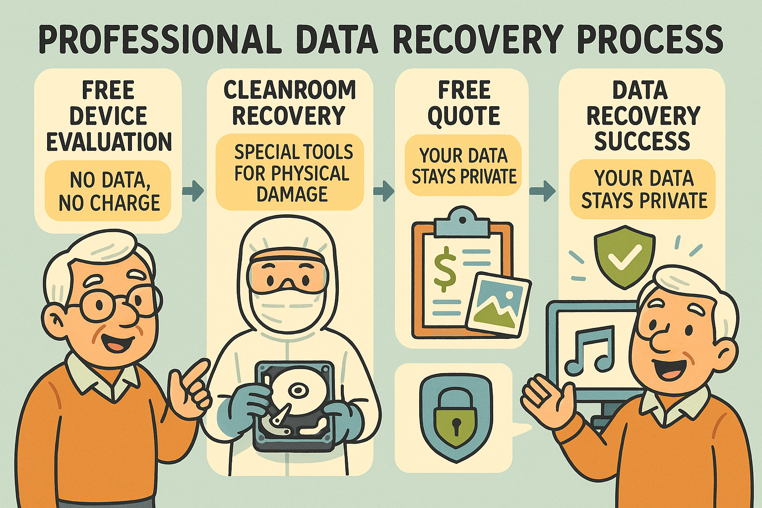 A simple graphic illustrating the professional data recovery process: Initial diagnosis, quote, cleanroom recovery, and secure return of data.