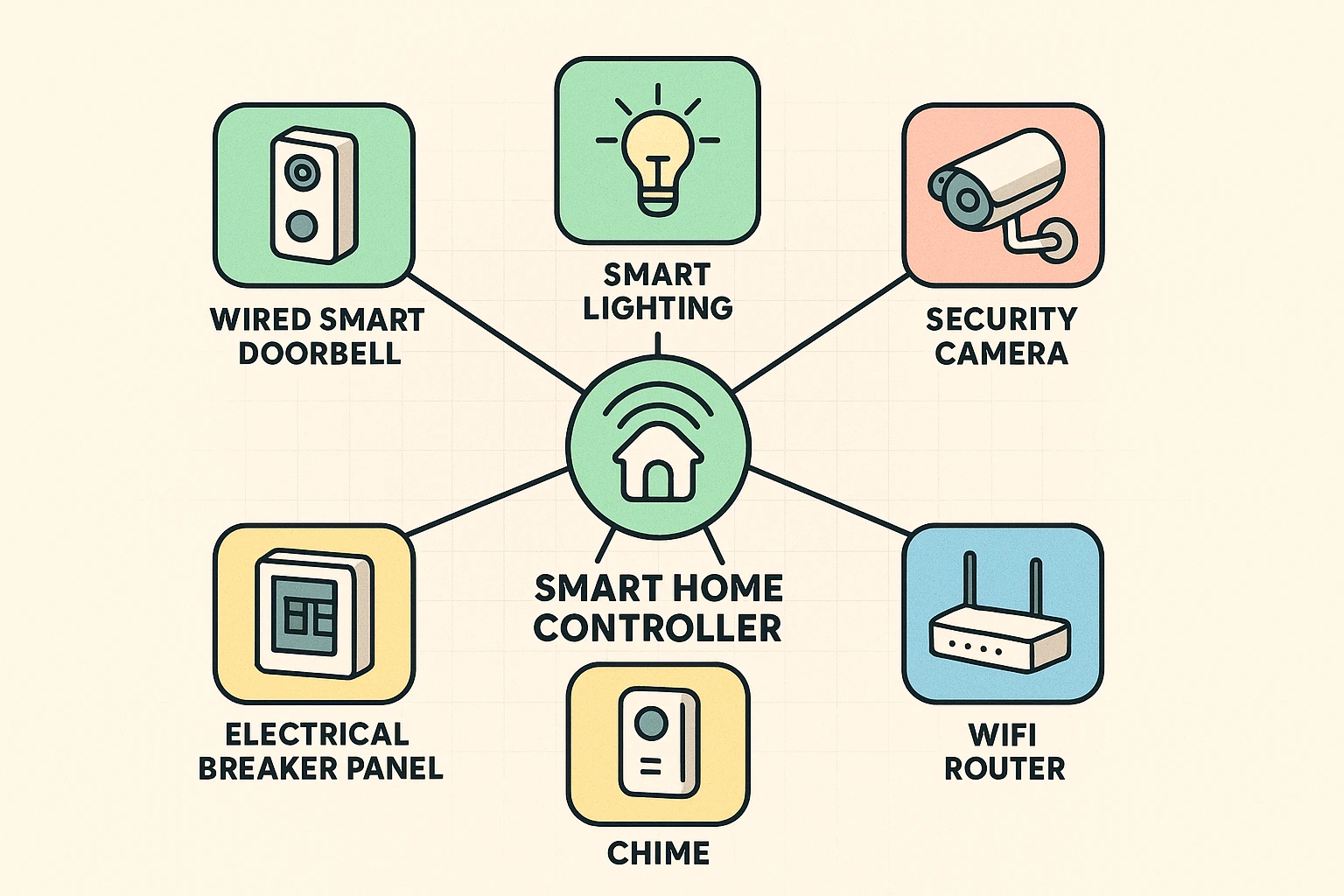 A complex map-like diagram showing how various smart home devices like security cameras, smart lighting, doorbells, and thermostats are all interconnected and controlled through a central hub or app.