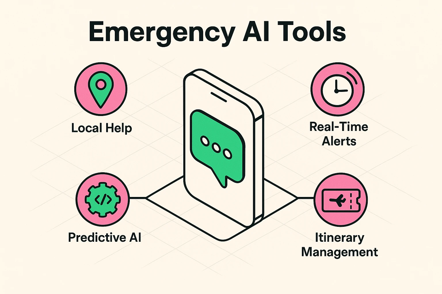 This image presents core emergency AI travel tool features like real-time alerts, chatbots, and predictive analytics arranged around a smartphone for foundational understanding.