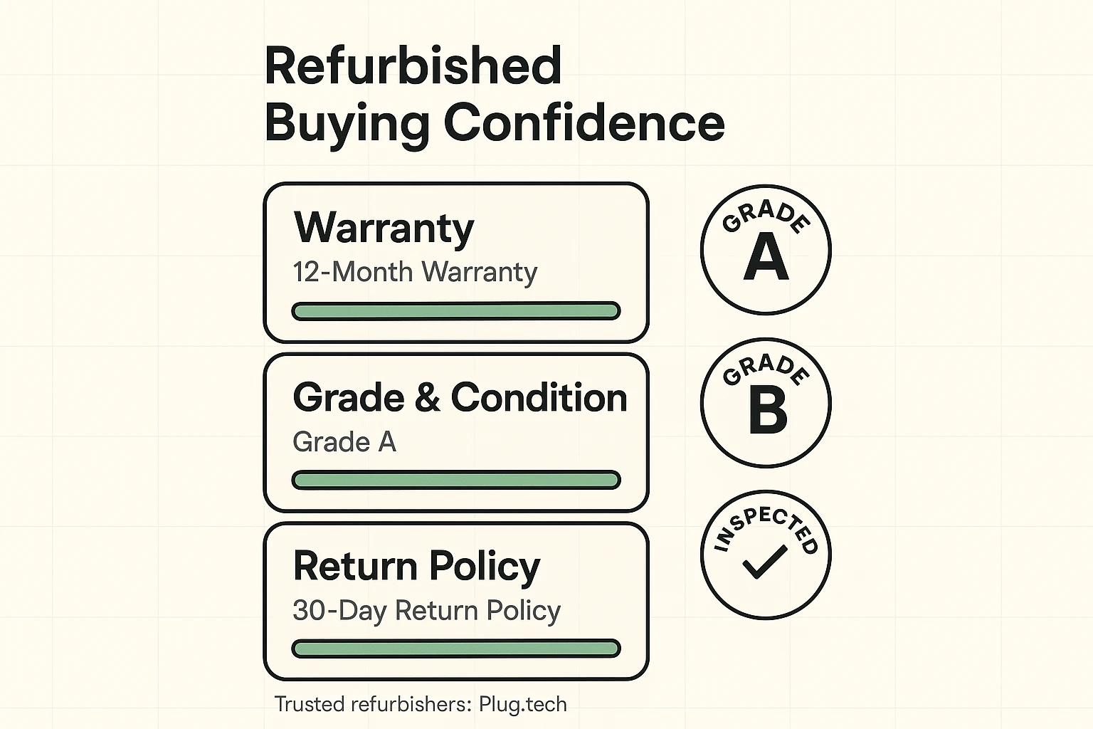 Trust-building visuals that highlight warranty lengths, condition grades, and return policies to reassure buyers of refurbished quality.