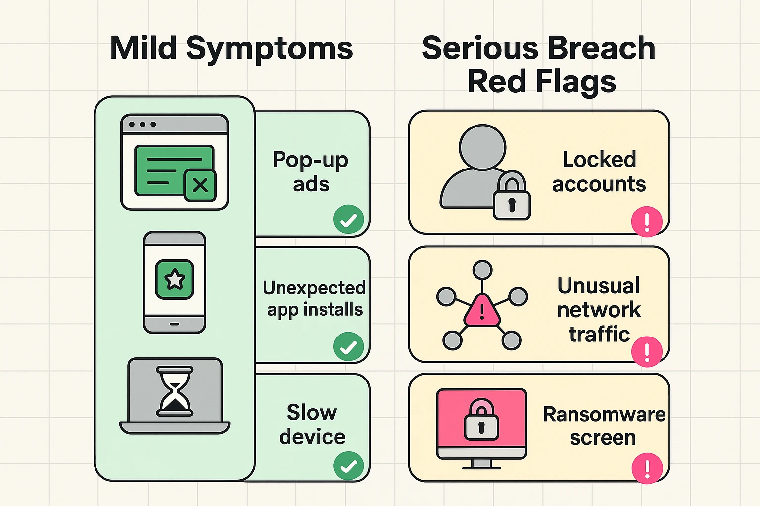A grid comparing mild breach symptoms (like slow performance and pop-up ads) labeled "Annoyances" with critical red flags (like ransomware messages, locked accounts, and missing money) labeled "Emergencies."