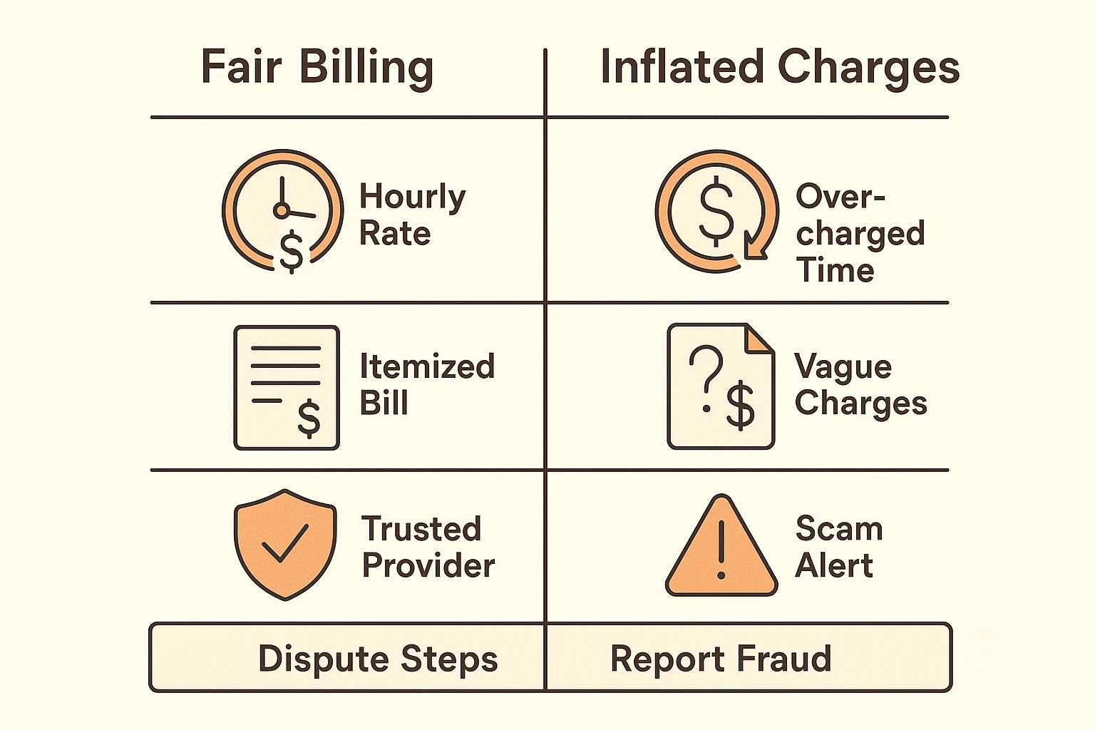 Fair vs inflated tech support billing with dispute prompts.