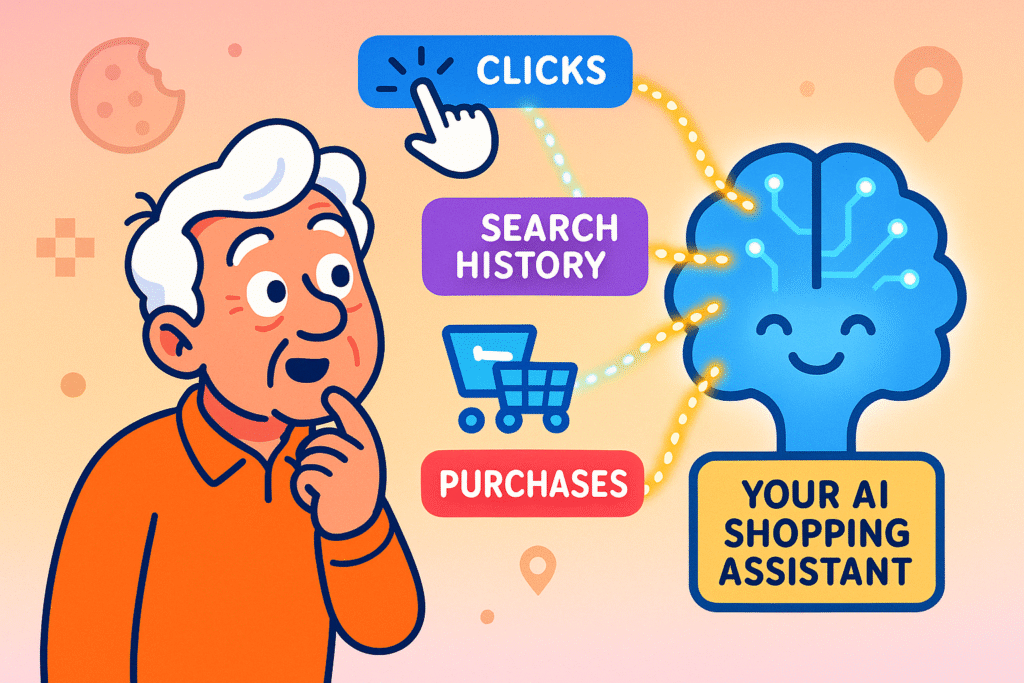 Your online activity—clicks, searches, and purchases—builds a digital footprint. This footprint feeds into AI that personalizes the ads and deals you see, making your shopping experience smarter and tailored just for you.