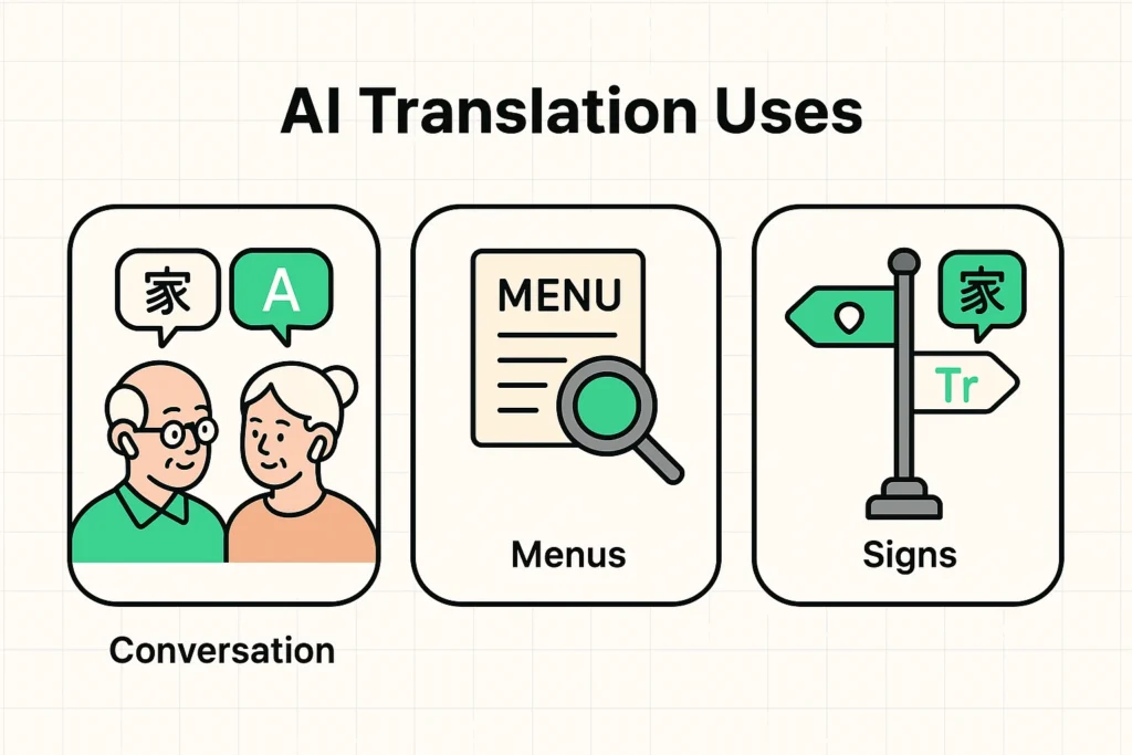 !This visualization showcases everyday scenarios where real-time AI translation aids seniors, from talking to locals with AirPods to reading foreign menus and signs, encouraging confident travel.
