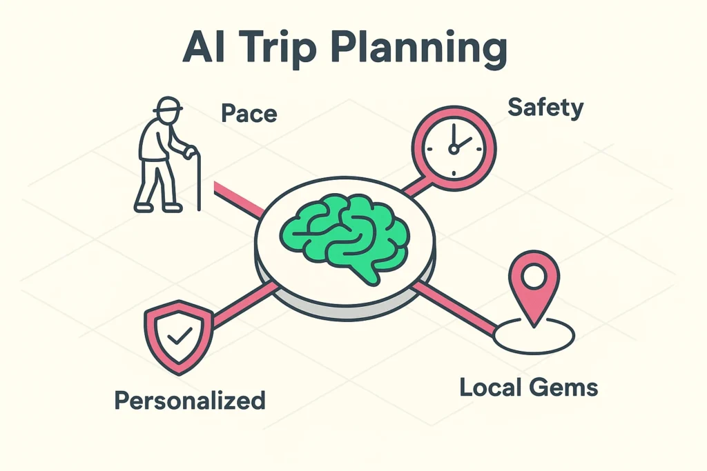 This visual breaks down AI trip planning fundamentals, spotlighting senior-specific needs such as personalized pace, safety, and discovering local hidden gems using connected icons.