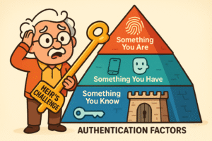 An infographic showing three icons: a brain for 'Something you know (Password/PIN)', a phone for 'Something you have (Device/Code)', and a fingerprint for 'Something you are (Biometrics)'. Arrows point to a central lock icon labeled 'Multi-Factor Authentication', illustrating how these layers combine to create strong security.