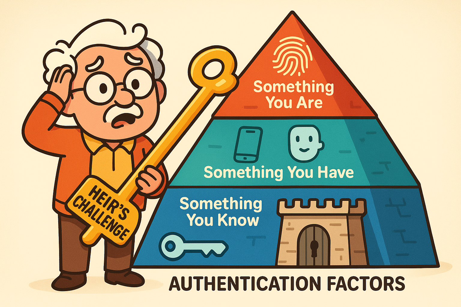 An infographic showing three icons: a brain for 'Something you know (Password/PIN)', a phone for 'Something you have (Device/Code)', and a fingerprint for 'Something you are (Biometrics)'. Arrows point to a central lock icon labeled 'Multi-Factor Authentication', illustrating how these layers combine to create strong security.