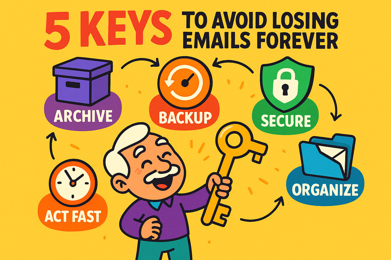 A fun, memorable visual with icons representing best practices: a filing cabinet for 'Archive', a piggy bank for 'Save Important Stuff', and a magnifying glass for 'Check Before You Delete'.