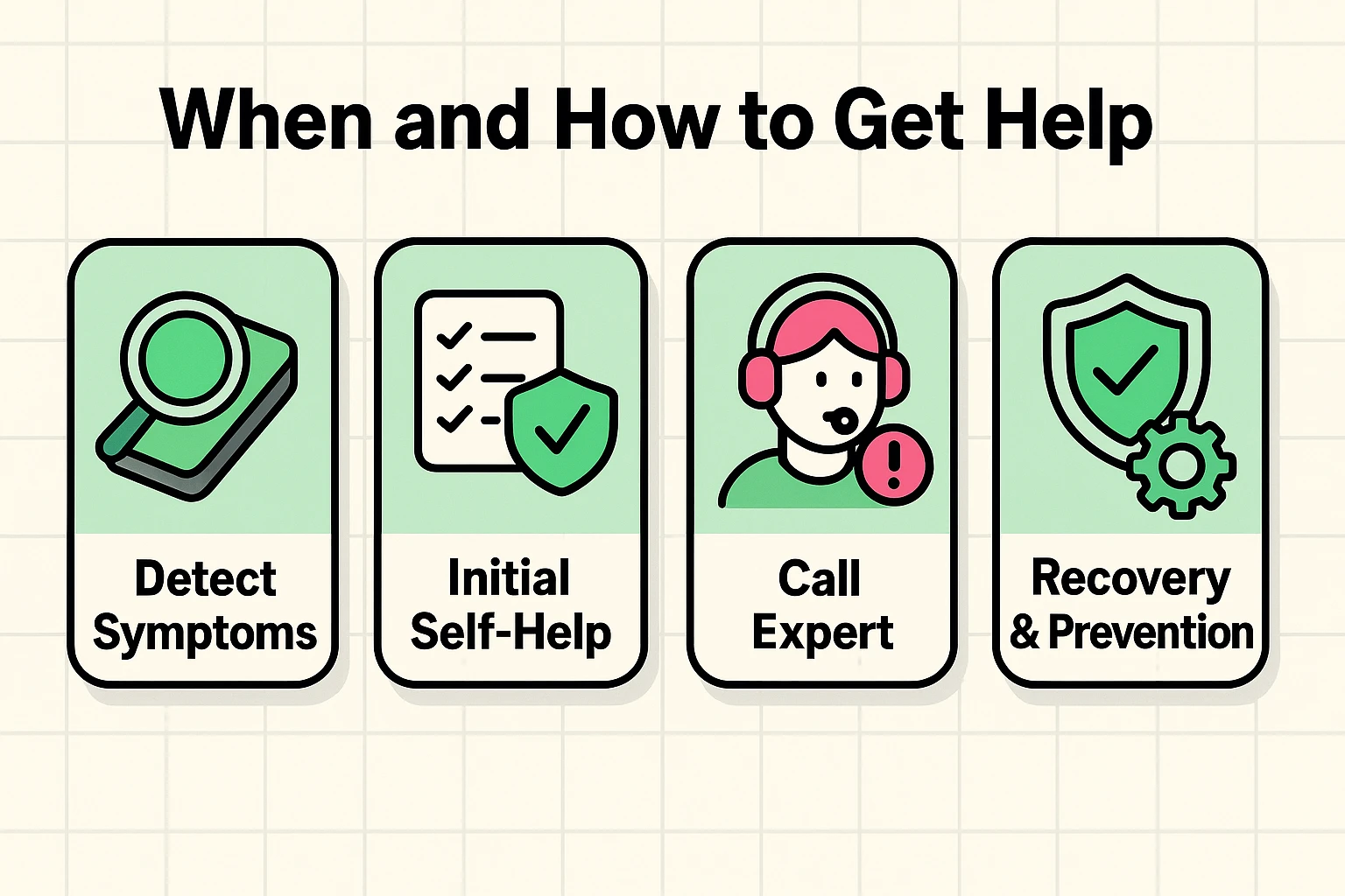 A flowchart illustrating the steps to take after a security breach, starting with "Identify Breach Signs," moving to "Immediate Actions," then to "Assess Damage," and finally to "Contact Professionals" with contact icons for banks and cybersecurity experts.