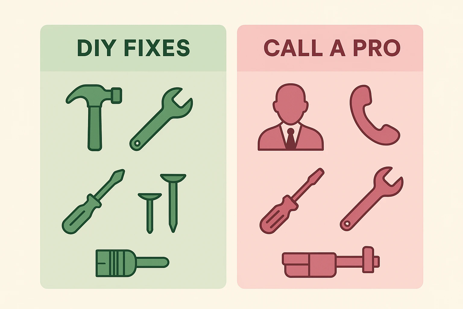 A simple decision guide with two paths. One path for DIY shows icons for checking ink, paper, and cables. The other path for "Call a Pro" shows icons for loud noises, complex error codes, and persistent issues.