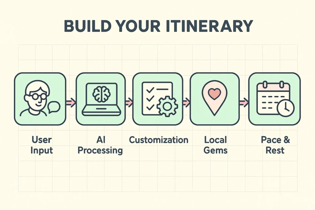 This visual guides readers through creating a custom senior-friendly itinerary using AI, illustrating five key steps from input to pacing and local discovery.