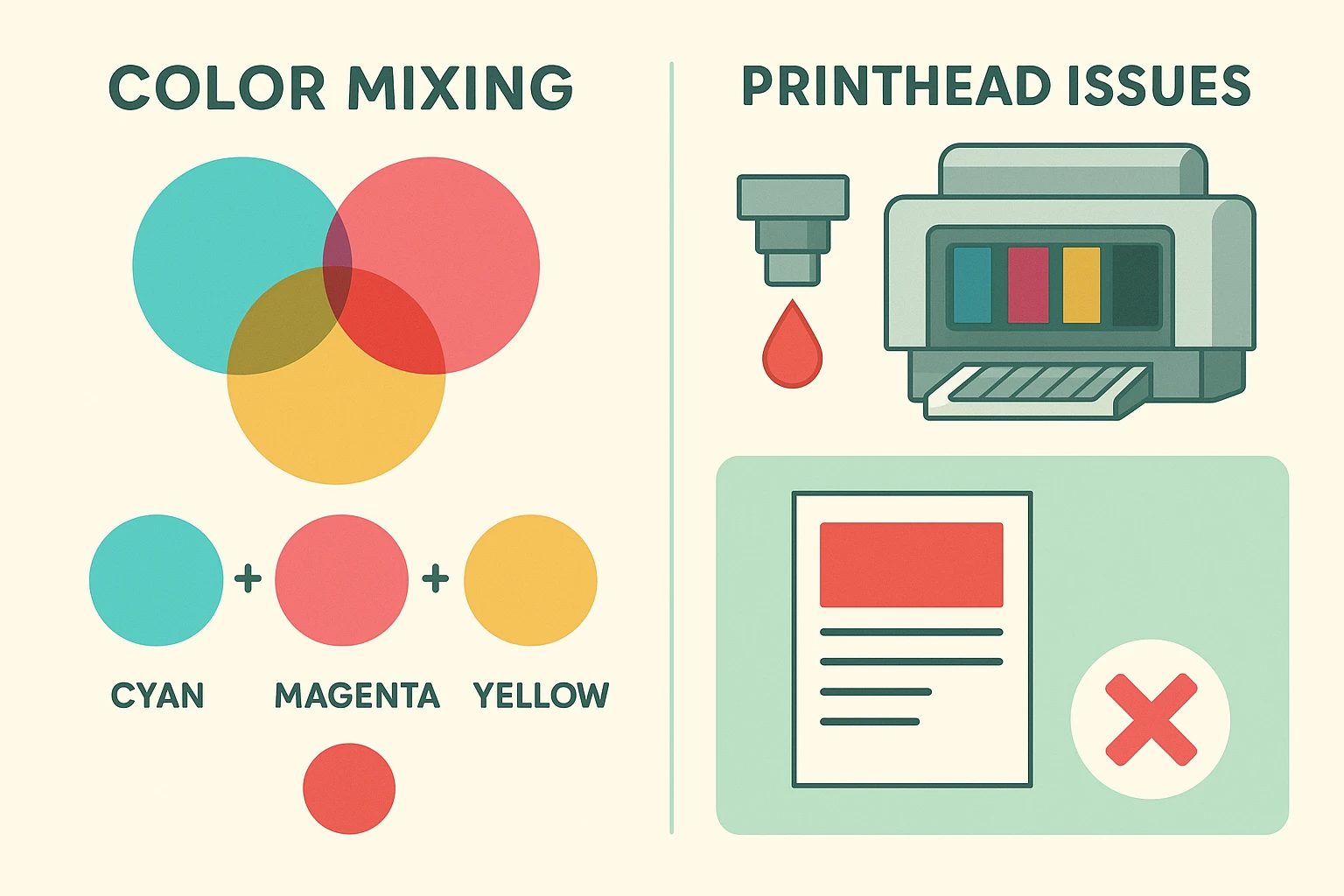 An infographic explaining that to print the color red, a printer mixes magenta and yellow ink. It shows that if either the magenta or yellow cartridge is clogged or empty, the printer will not be able to produce red.