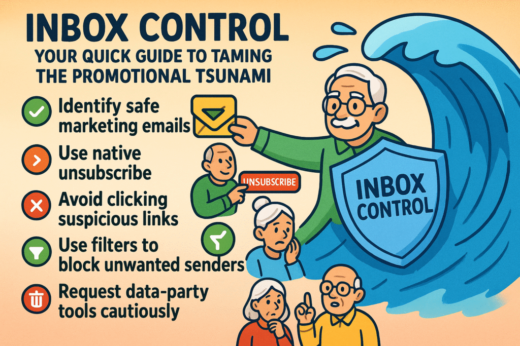 A checklist graphic with icons summarizing key tips for managing unwanted emails: "Check the Sender," "Use Native Unsubscribe," "Verify Footer Links," "Block Stubborn Senders," and "Report Spam."