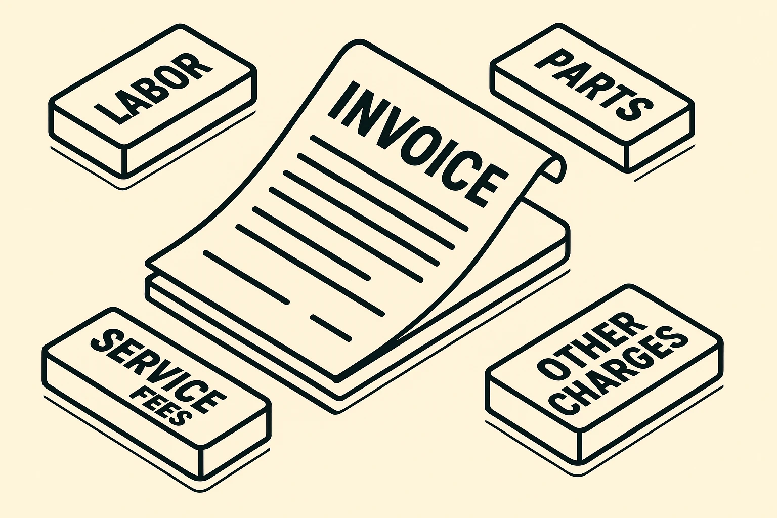 Tech support invoice components: labor, parts, service fees, and other charges, designed for seniors.