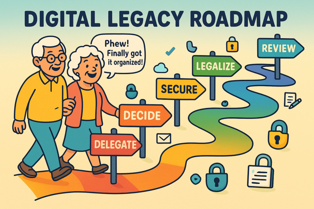 A simple roadmap graphic with five icons representing the steps: Inventory, Decide, Appoint, Secure, and Legalize, providing a clear visual summary of the digital estate planning process.