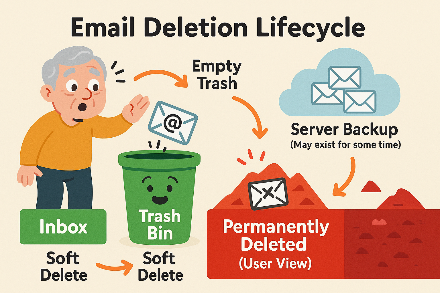 An infographic showing the stages of email deletion, from inbox to trash to permanent deletion from user view, with a final stage showing the data might still exist on a server backup.