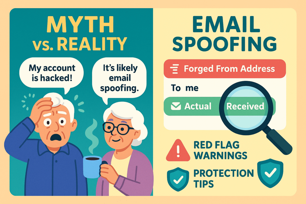 A graphic with two columns labeled 'Myth' and 'Reality'. Myth shows a panicked user, Reality a calm one. It debunks common fears about spoofed emails and clarifies the difference between a spoofed address and a hacked account.