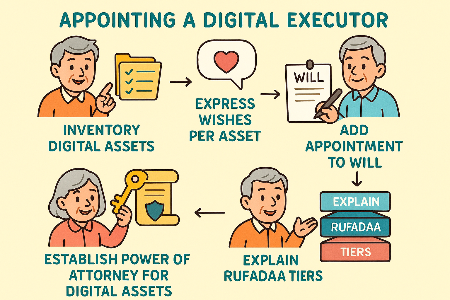 A flowchart showing the legal process of appointing a digital executor, starting with inventorying assets, then moving to legal documentation like a will, and finally referencing the RUFADAA framework.