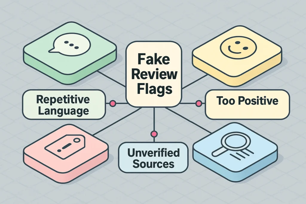 An infographic showing common red flags in fake reviews on one side and how AI detects them on the other, with icons for generic praise, bad grammar, and review patterns.