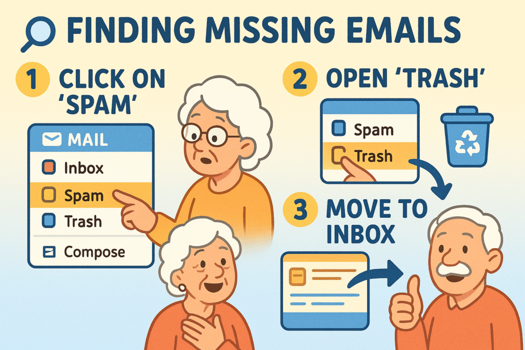 Often, missing emails are hiding in your Spam or Trash folders. Follow these simple steps to check and restore them back to your Inbox with ease!