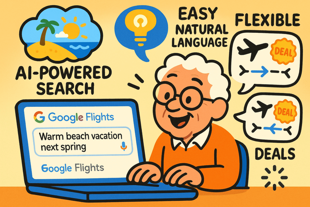 Google Flight Deals uses AI to understand your travel ideas expressed naturally — making it easier for seniors to find flexible flight deals without complex searches.