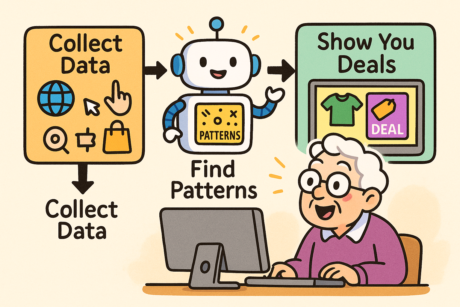 AI works like a smart matchmaker: it collects your data, finds patterns from your behavior and others like you, then shows you ads and deals tailored to your interests—helping you find what you really need.