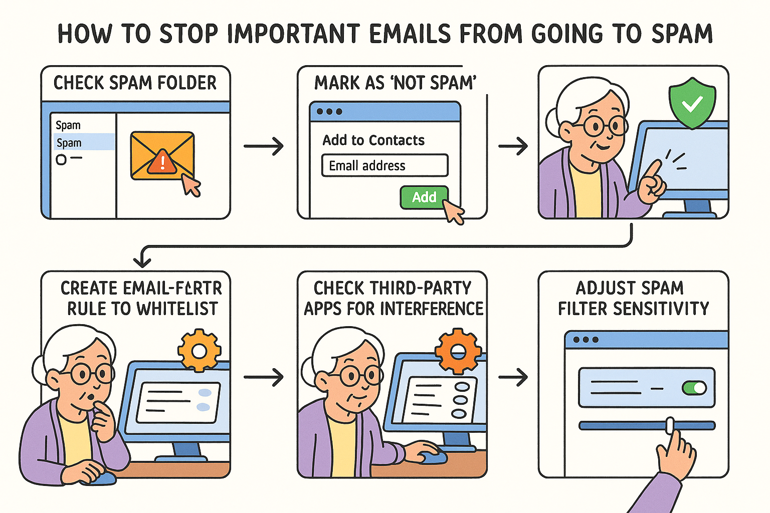 A diagram showing three simple steps: 1. A finger clicking 'Not Spam', 2. An address book icon, 3. A filter icon with an arrow pointing to the inbox.