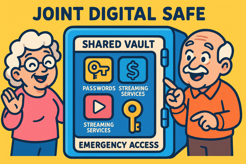 A diagram showing two separate, private password vaults for each partner, and one shared vault in the middle for joint accounts.