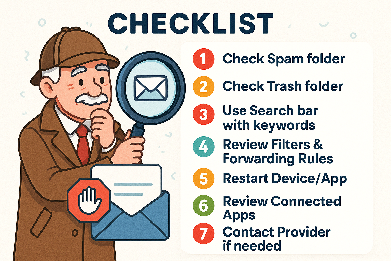 Keep this handy checklist by your side to rescue missing emails quickly and confidently. Follow each step to troubleshoot and recover lost messages with ease!