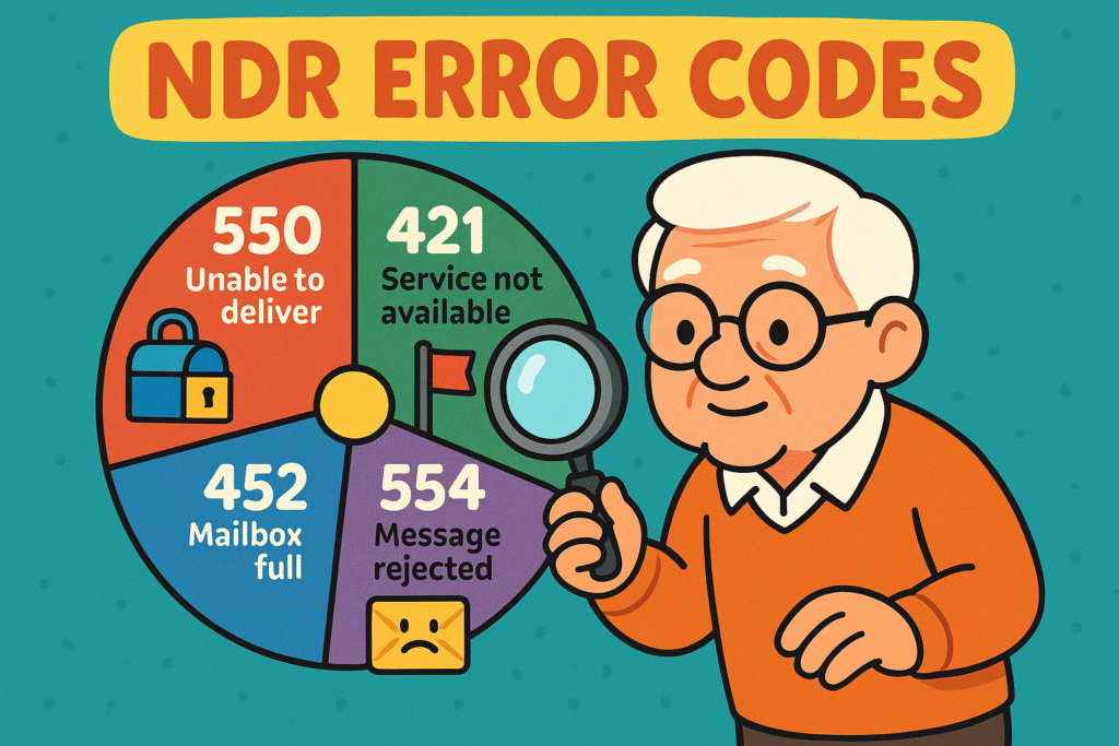 A fun, visual decoder for email bounce messages. It features cartoon mail carriers with different expressions representing error codes. For example, a confused mail carrier for "Address Not Found," and a mail carrier struggling with an overflowing bag for "Mailbox Full."