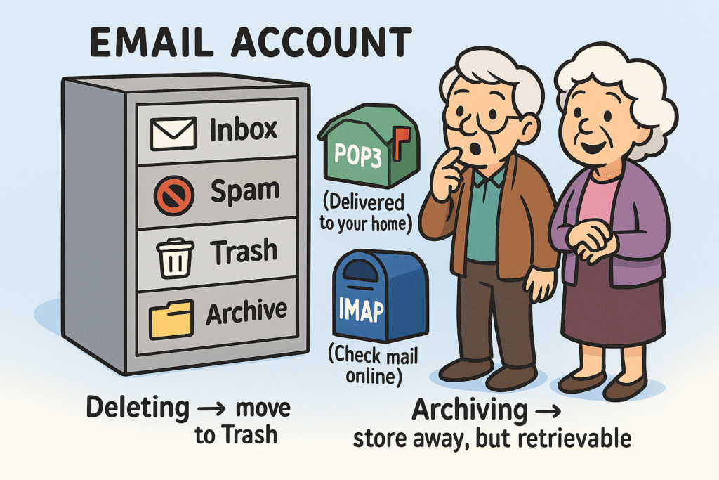 Your email is like a filing cabinet with different drawers for Inbox, Spam, Trash, and Archive. POP3 delivers mail to your home mailbox, while IMAP lets you check your mail online anytime — understanding this helps explain why emails might seem to disappear.
