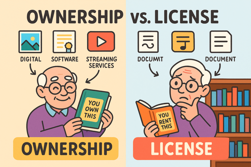 An infographic comparing a purchased book to a library card to illustrate the difference between owning a digital asset versus having a license to use a service.