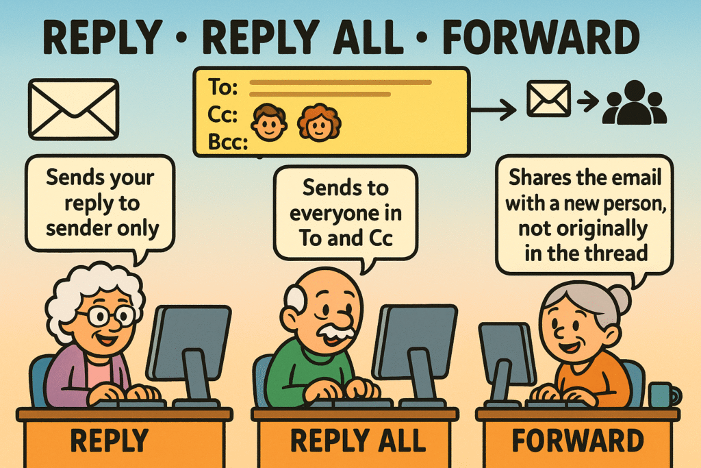 This infographic clarifies the key differences between 'Reply', 'Reply All', and 'Forward', helping you see who receives your email in each case to avoid common mistakes.