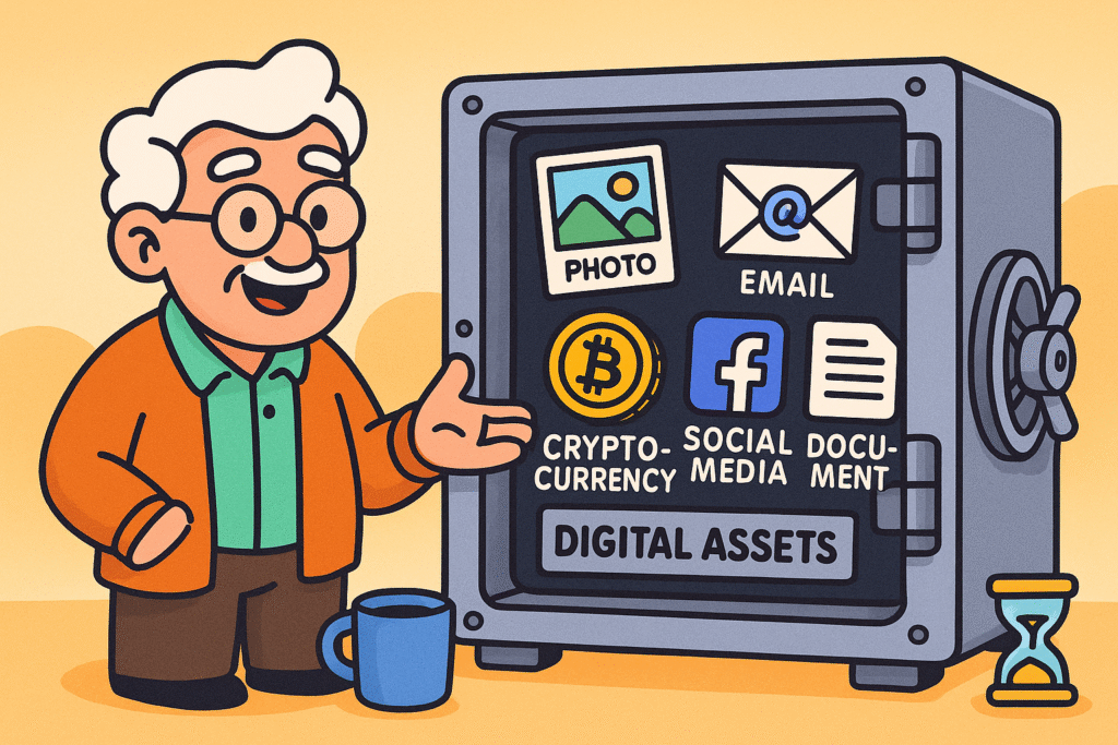 A collage of icons representing various digital assets like social media, email, and cryptocurrency, arranged in the shape of a digital safe.