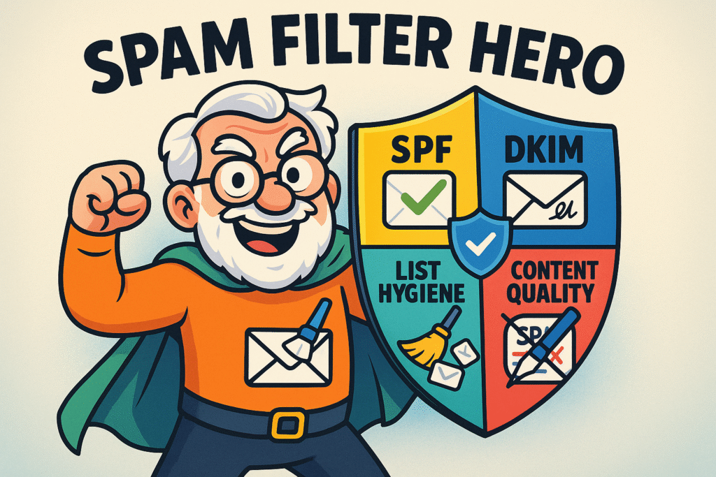 An infographic showing five icons representing the pillars of email deliverability: Authentication, Sender Reputation, List Hygiene, Content, and Engagement.