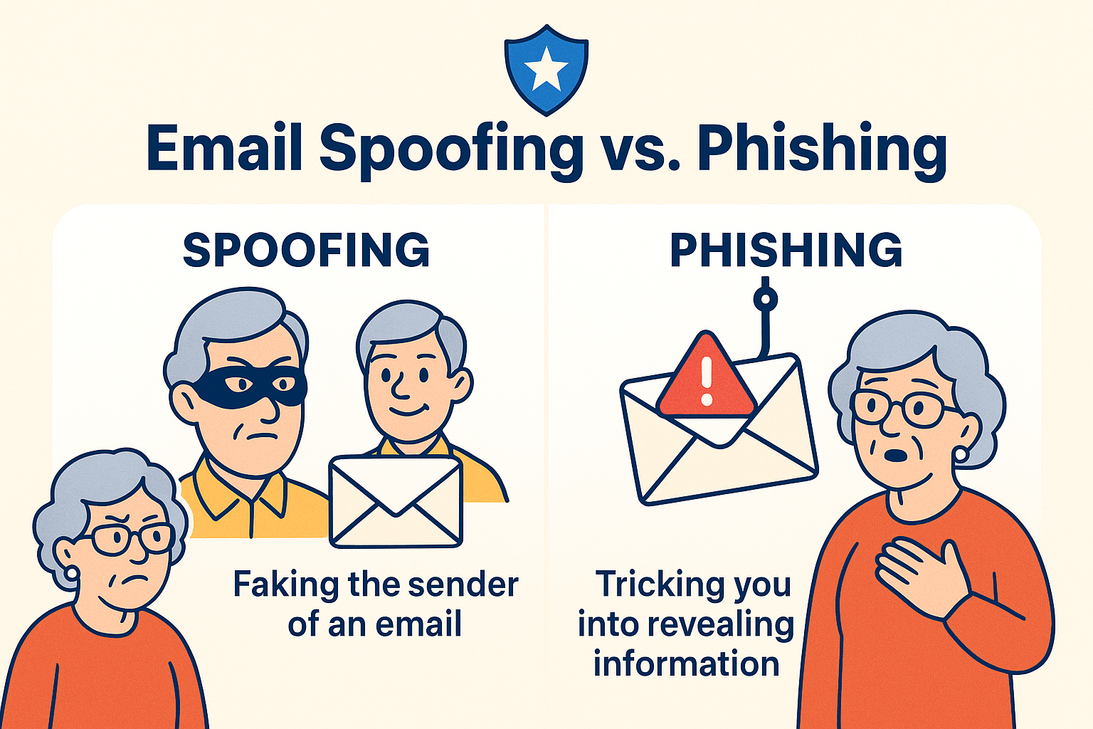 Clear differences between email spoofing and phishing – understand the threats to protect your inbox and avoid common scams targeting seniors.
