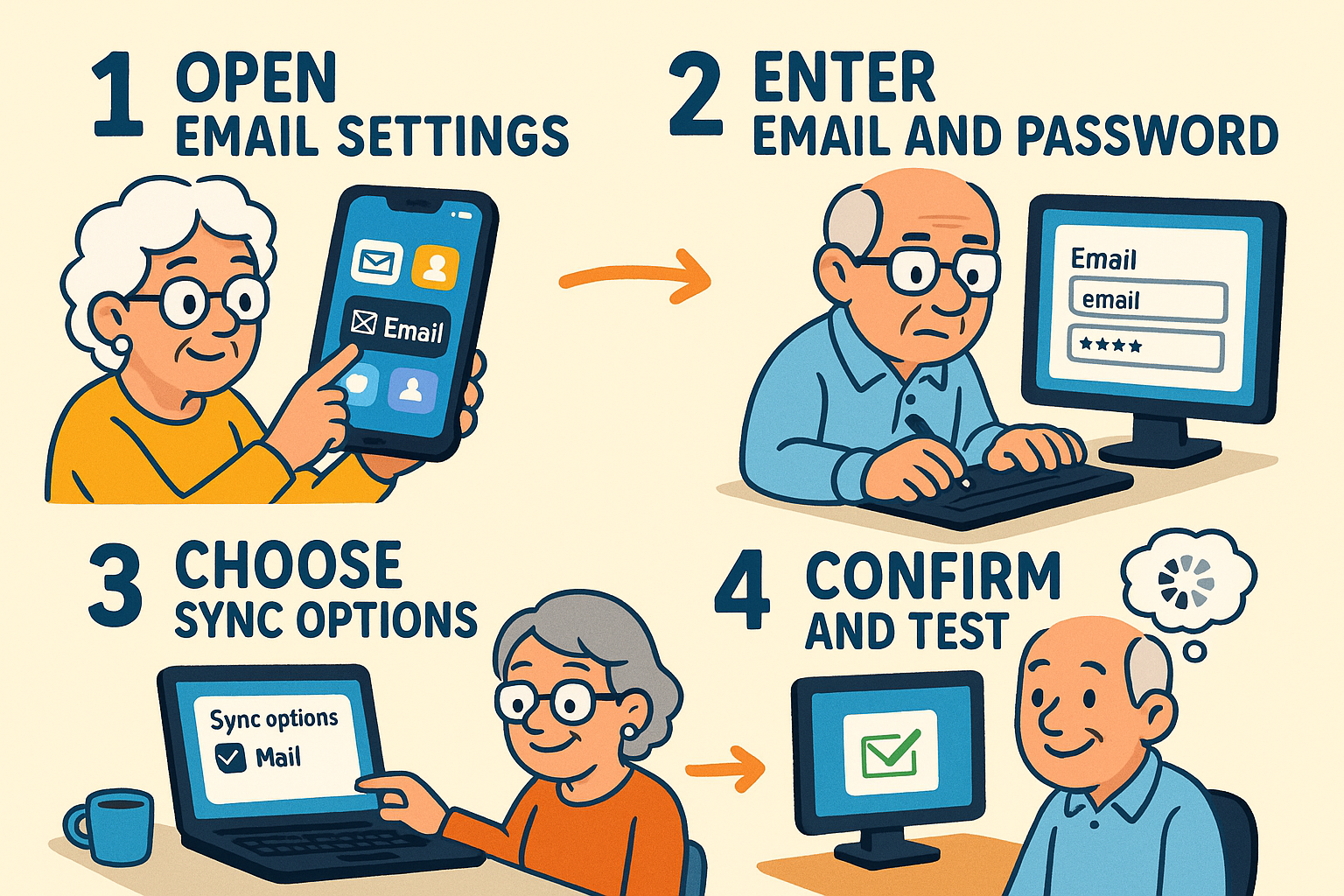 A four-panel graphic showing the steps: 1. Open Settings, 2. Add Account, 3. Choose Provider (like Gmail, Outlook), 4. Sign In.