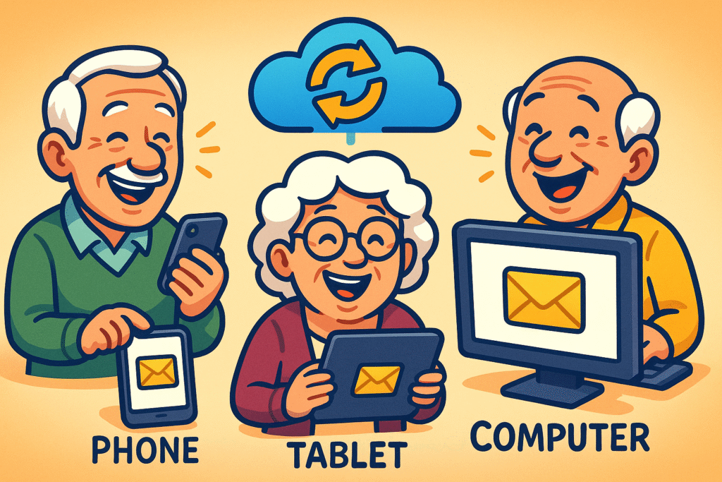 An illustration showing a central email server connecting to a laptop, a smartphone, and a tablet. Arrows point back and forth, indicating that an action on one device (like deleting an email) is reflected on all the others.