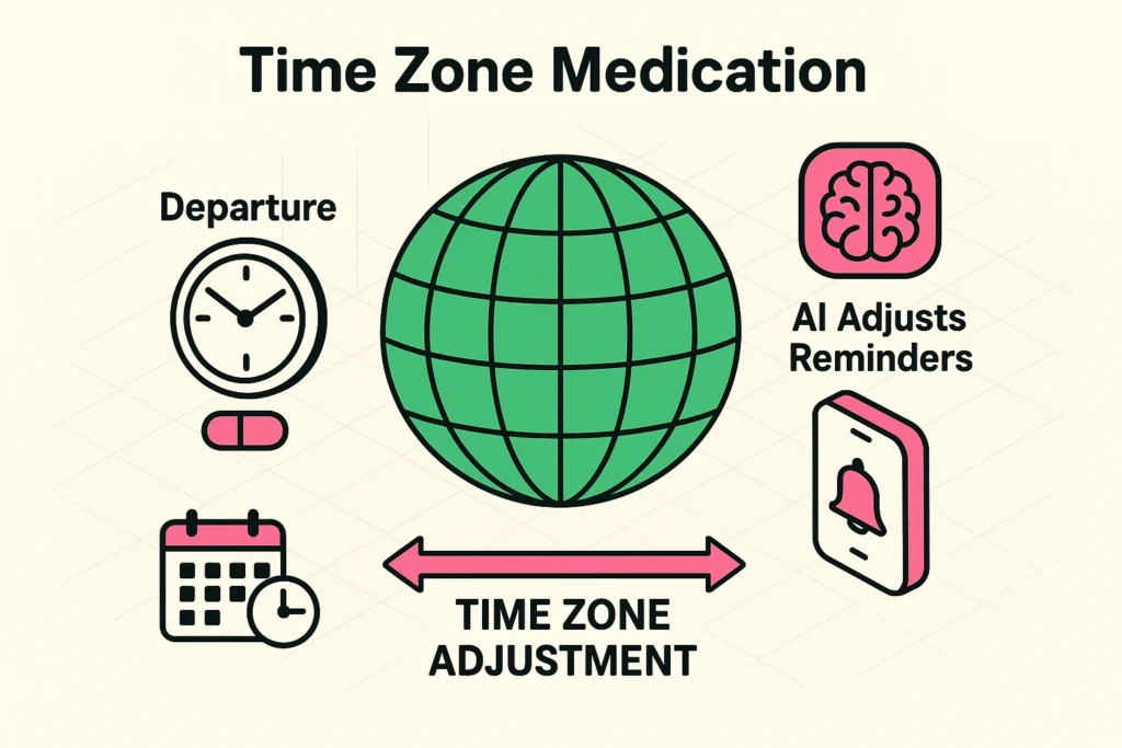 This data story explains how AI smartly adapts medication reminders for seniors traveling through multiple time zones.