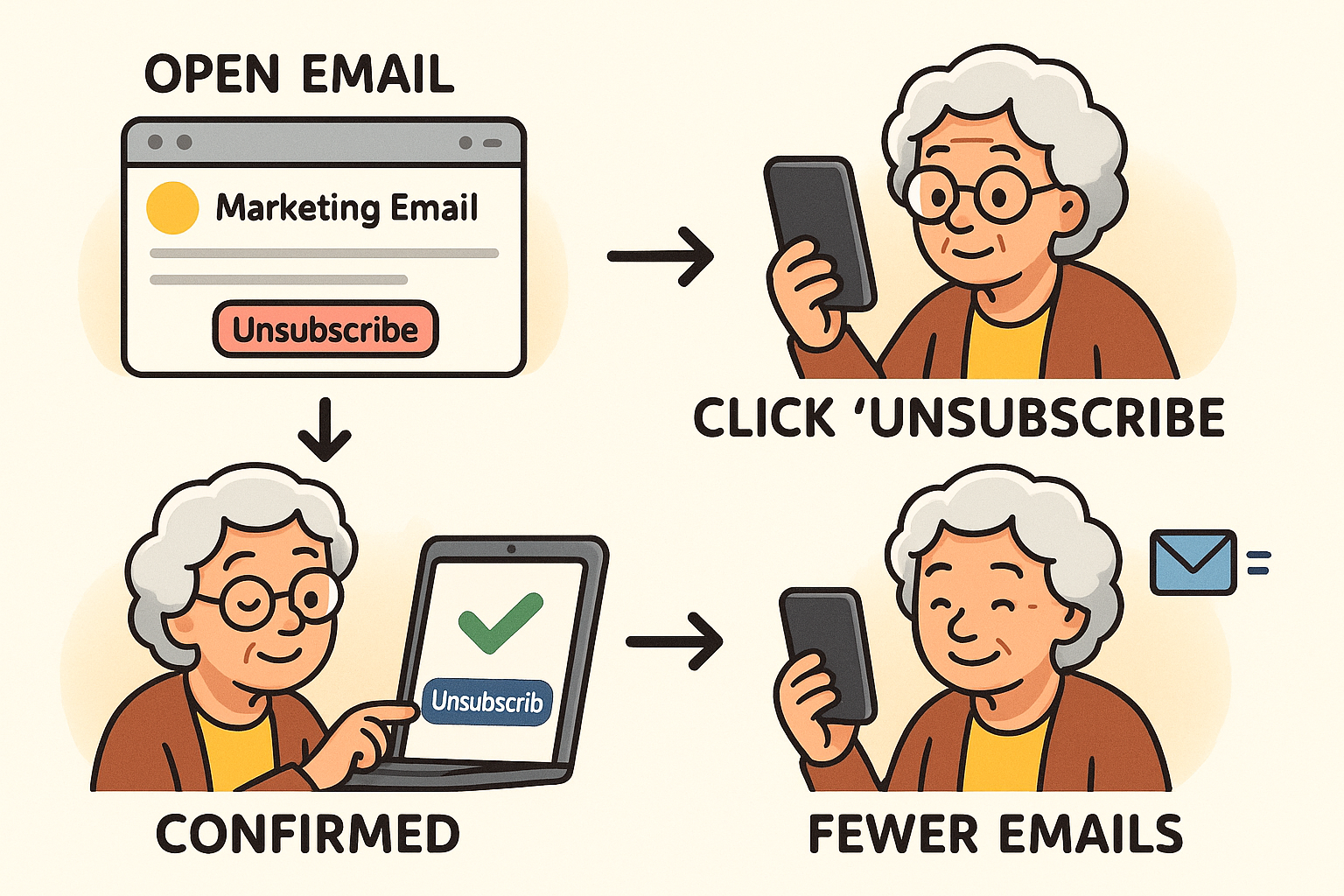 A step-by-step visual showing how to use the native unsubscribe feature in an email client. Step 1 shows an arrow pointing to the unsubscribe link at the top of an email. Step 2 shows a confirmation pop-up. Step 3 shows a "You have been unsubscribed" success message.