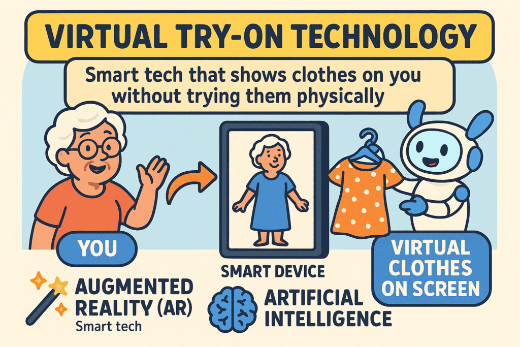 This visual breaks down what Virtual Try-On technology is by showing how it uses smart tech like AR and AI to let you 'try on' clothes digitally, making online shopping easier and more fun for seniors.