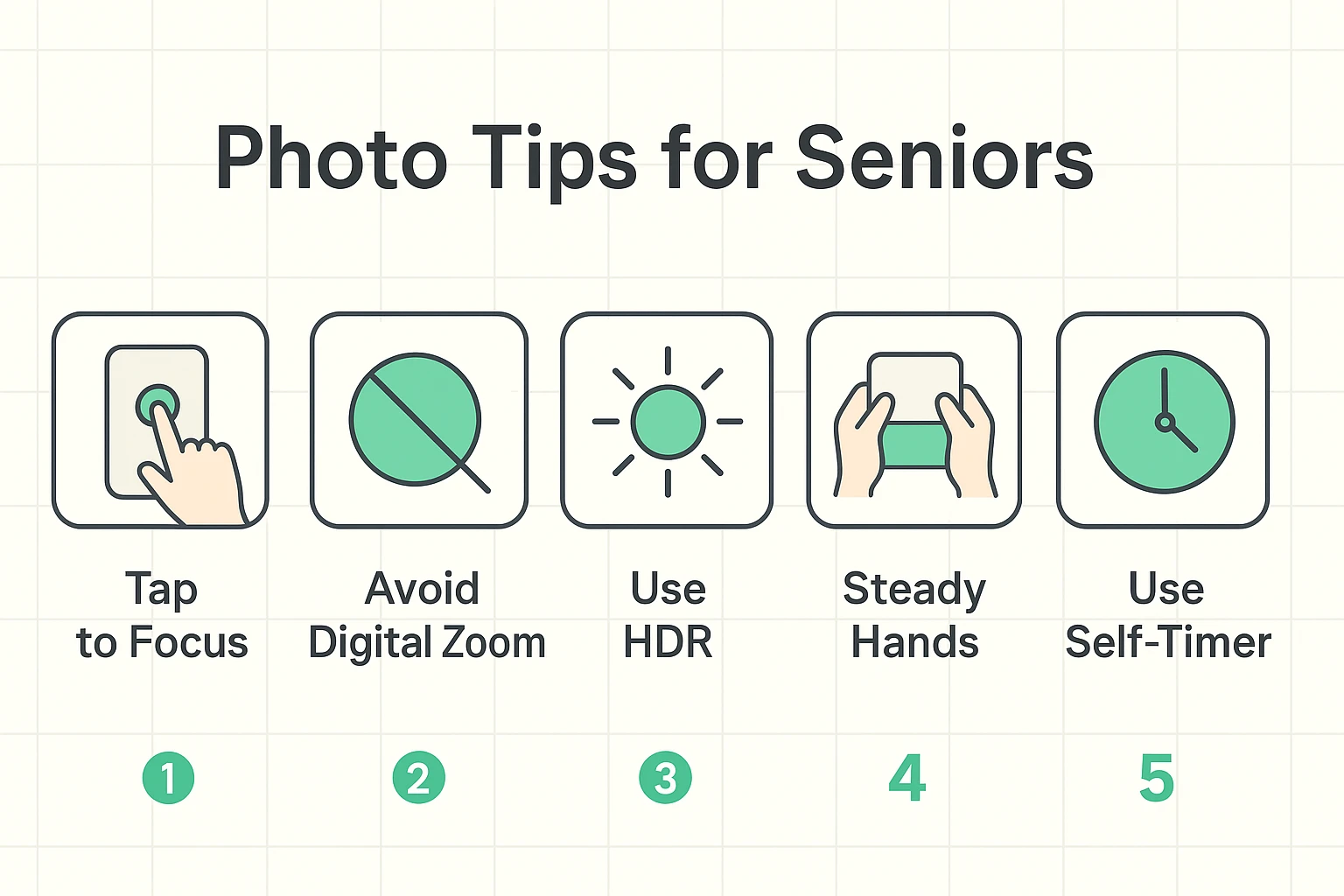 A four-step visual guide for seniors on how to take better photos. The steps include: 1. Clean your lens. 2. Tap to focus. 3. Use burst mode. 4. Avoid digital zoom. Each step has a simple illustration and a short, clear instruction.